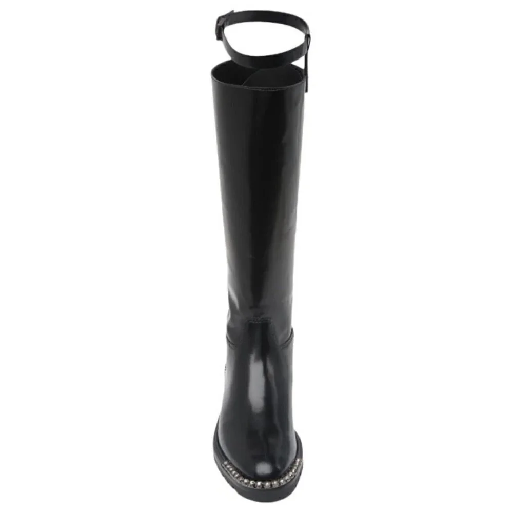 NEW Schutz Cianna Embellished Toe Black Polished Leather Riding Boots Size 6.5B